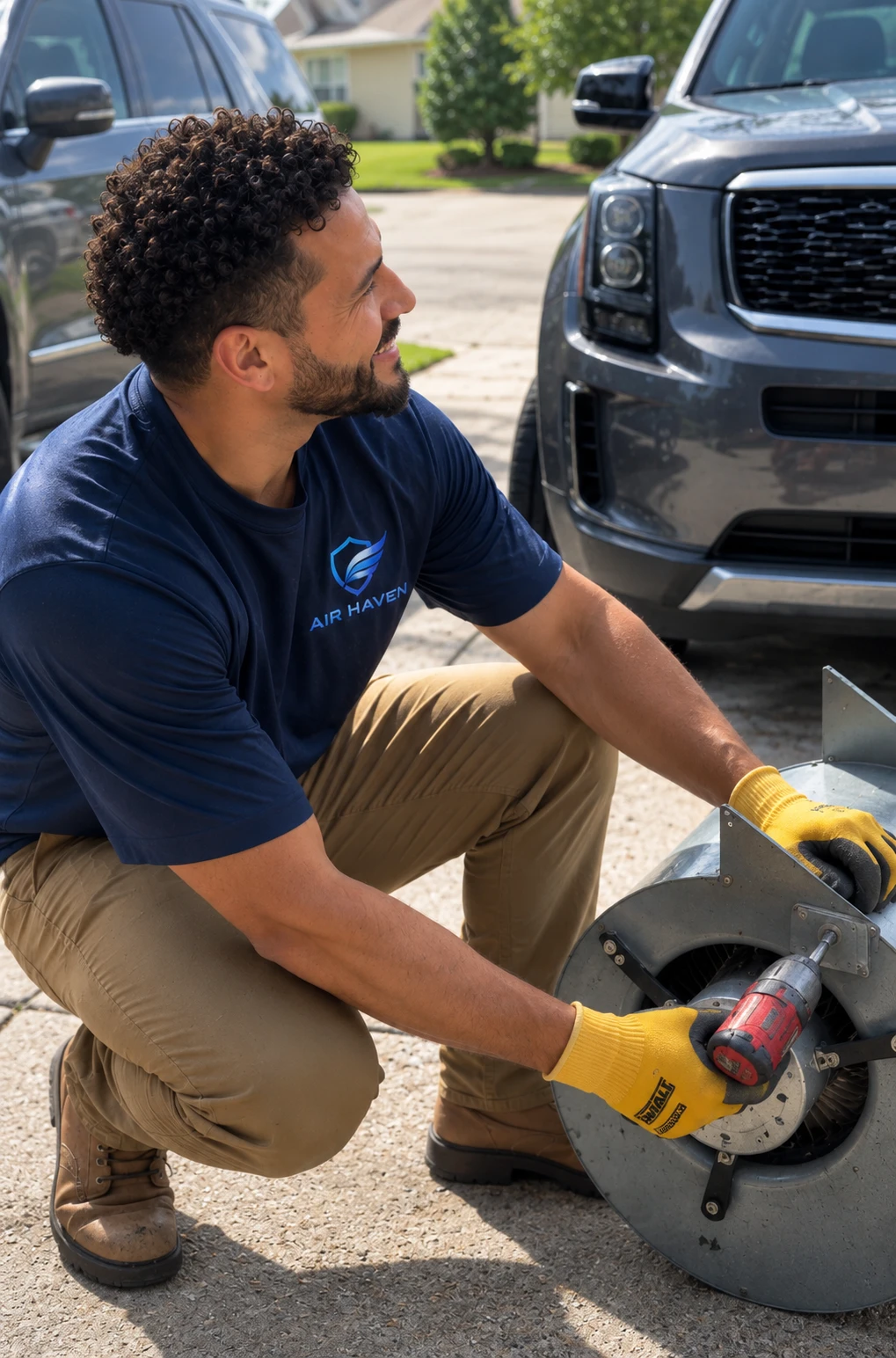 Air Haven technician cleaning an HVAC blower wheel during an HVAC restoration