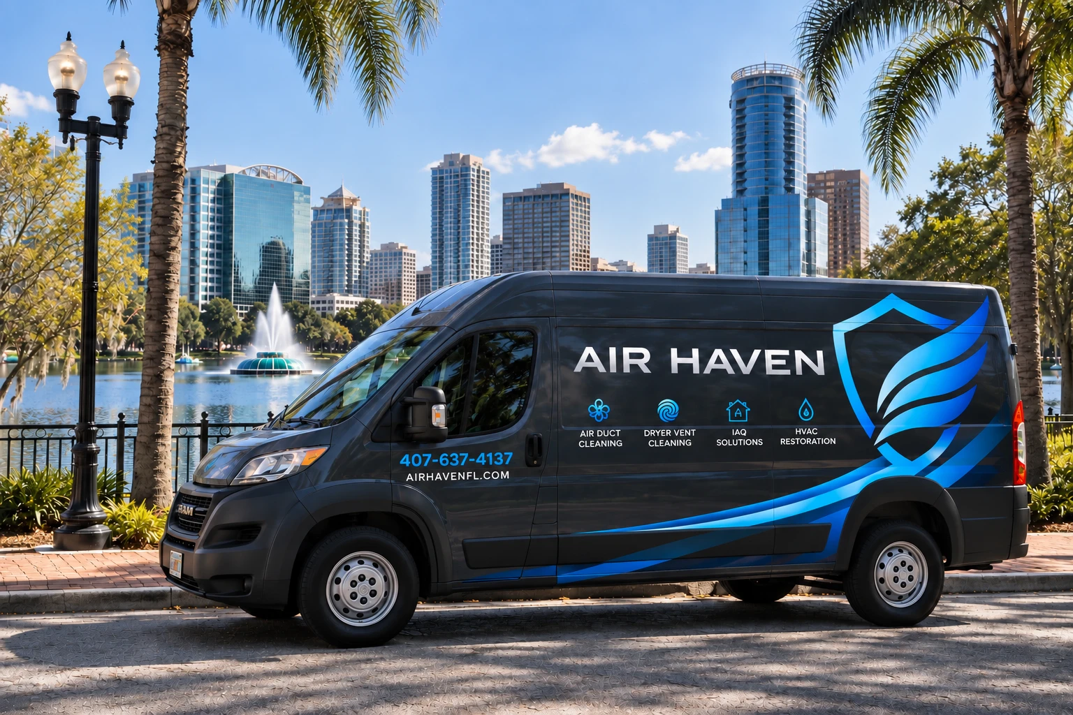 Air Haven service van parked by Lake Eola with the Orlando skyline behind it